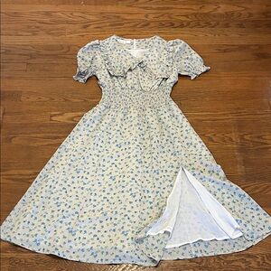 Light Blue Floral Midi Dress with Smocked Waist